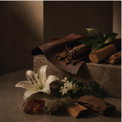 Leather, tobacco, lily and sandalwood on a stone plinth